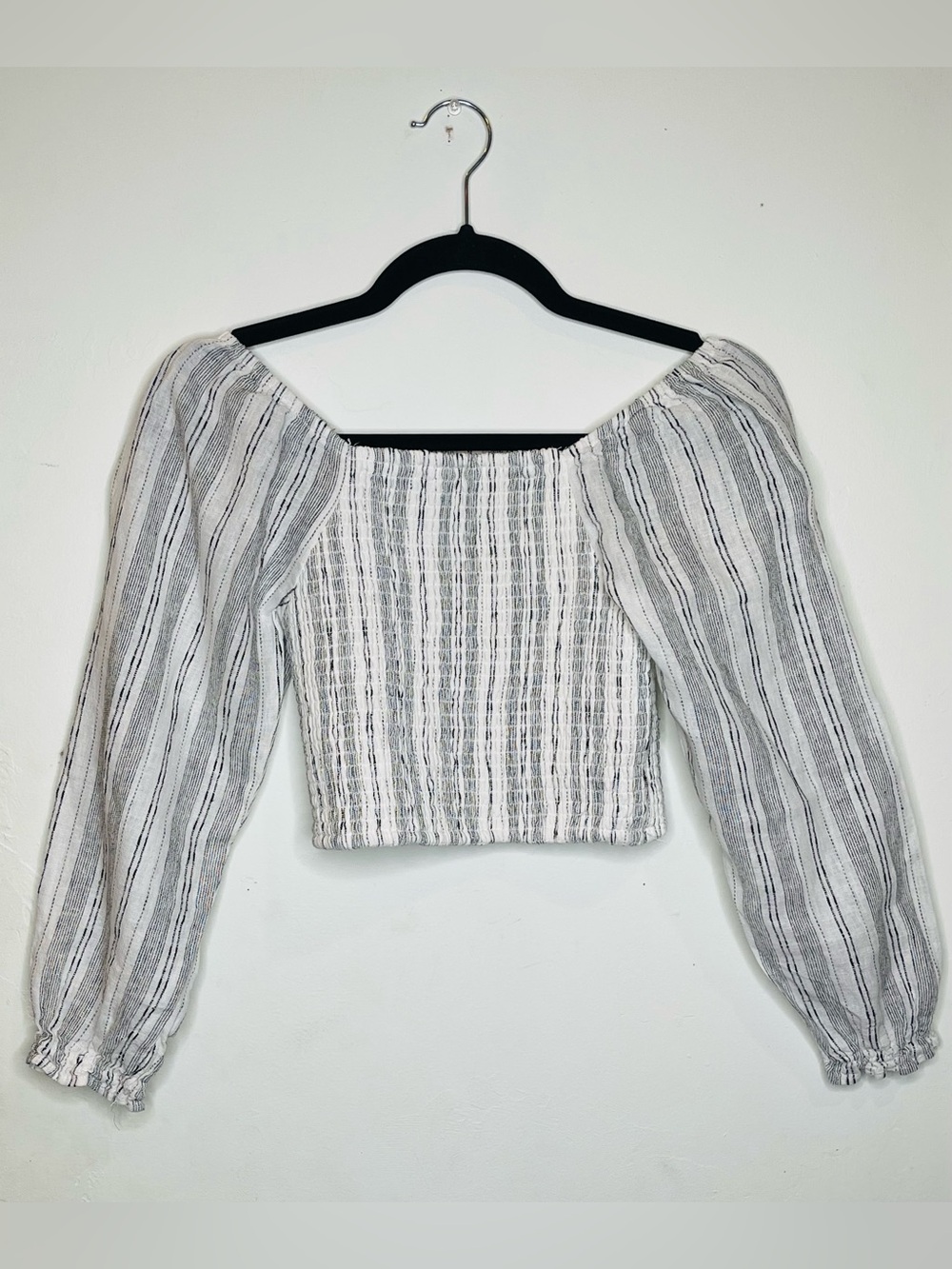 Chelsea & Violet White and Gray Striped Off-Shoulder Smocked Crop Top